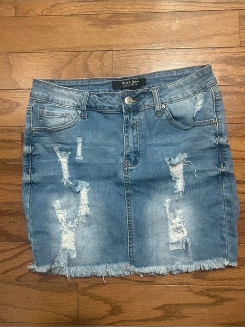 Wax Jean Light Blue Distressed Denim Mini Skirt